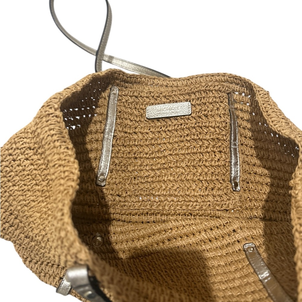 Michael Kors tan Woven straw Tote gold leather straps studded logo charm - Picture 8 of 11